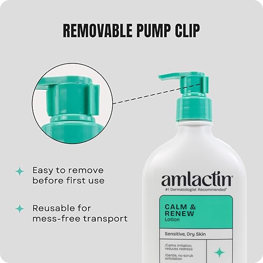 AmLactin Calm & Renew Lotion - Therapeutic Body and Face Moisturizer for Sensitive Skin - No-Scrub Exfoliator and Body Lotion for Dry Skin with Lactic Acid AHA and Soothing Ginger Root, 14.1 oz