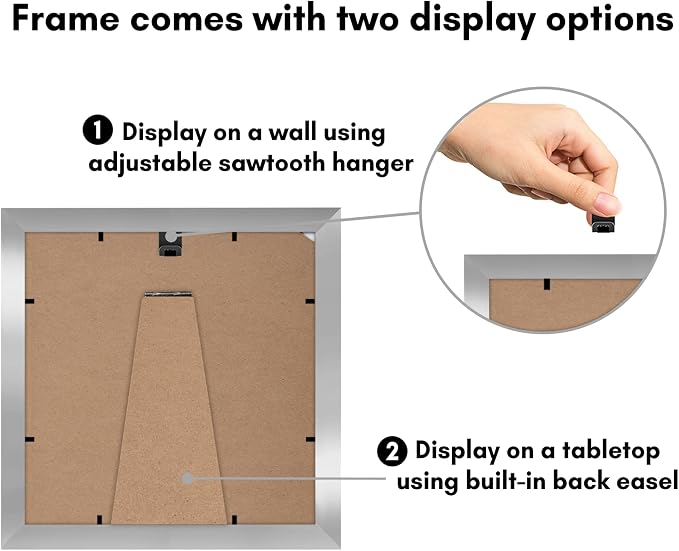 Americanflat 8x8 Picture Frame - Matted to 4x4 - Engineered Wood - Silver | Shatter-resistant glass, wall or tabletop display with included easel, sawtooth hangers included