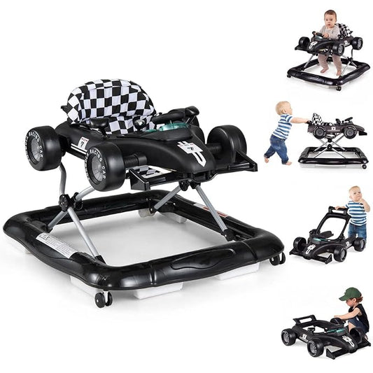 HONEY JOY Baby Walker, 4-in-1 Foldable Infant Activity Push Walker, Toddler Car Walker with Adjustable Heights, Music, Lights, Padded Seat, Baby Walker with Wheels for Boys Girls 6-18 Months (Black)