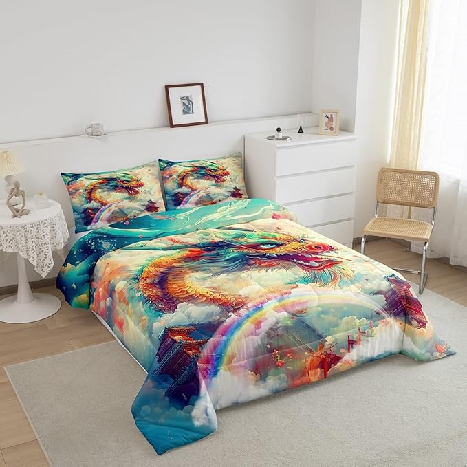 Feelyou Dragon Comforter Set King Size Dragon Stuff Comforter for Boys Girls Teens Wild Life Bedding Set Dragon Decor Duvet Set Room Decor Rainbow Quilt Set