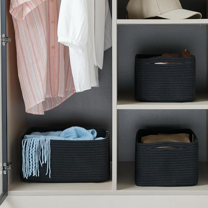 3 Pack Small Storage Baskets for Organizing, 11.8×7.8×5.1", Black | Woven Baskets for shelves, Cotton Rope Basket for Gifts Empty, Closet Organizer Bins with Handles, Cube Decorative Box