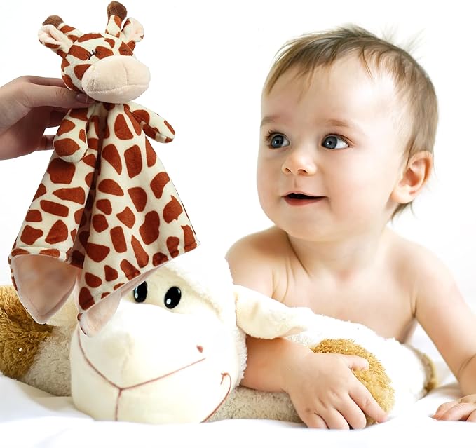 CREVENT Cozy Plush Baby Security Blanket, Loveys for Baby Girls and Boys, Birthday (Giraffe+Tag)