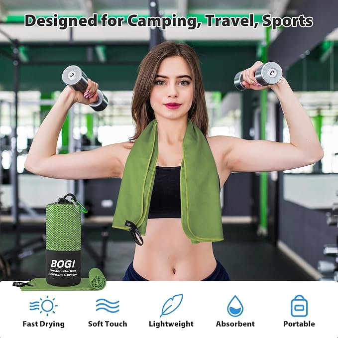 BOGI Microfiber Travel Sports Towel-Quick Dry Travel Towel,Soft Lightweight Absorbent Compact for Camping Gym Beach Bath Yoga Swimming Backpacking (L:60''x30''+16''x16''-AGreen)