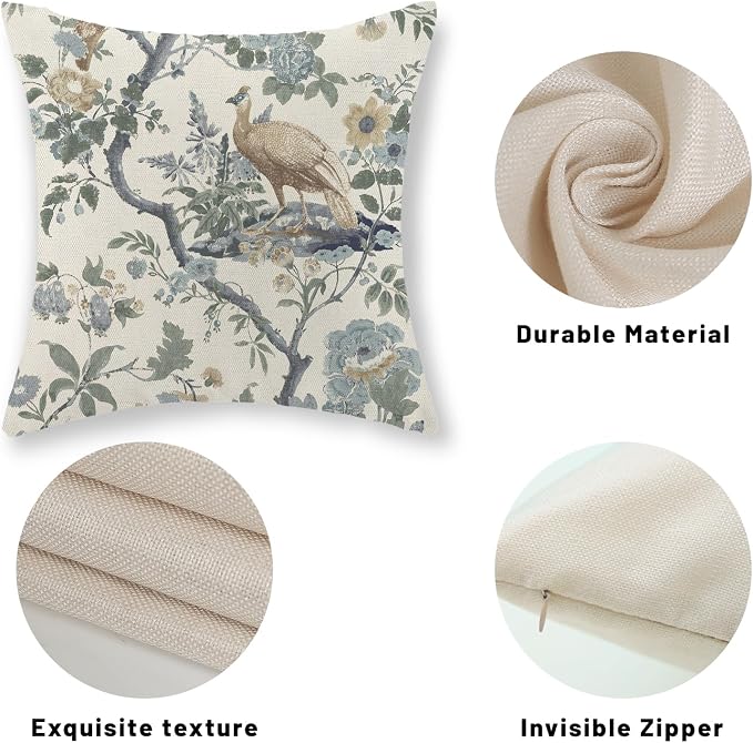 Chinoiserie Pillow Covers 18x18 Set of 2 Blue Bird Floral Throw Pillows Vintage Blue Green Flowers Decorations Outdoor Pillowcase Chinoiserie Decor Farmhouse Cushion Case for Couch Home
