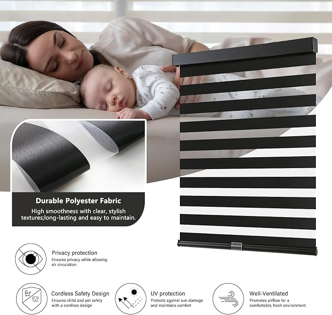 AOSKY Cordless Zebra Blinds for Windows Pull Down Roller Window Shades Dual Layer Light Filtering Privacy for Day and Night, Free-Stop Door Shades for Home Easy to Install (72" W X 72" H，Black)