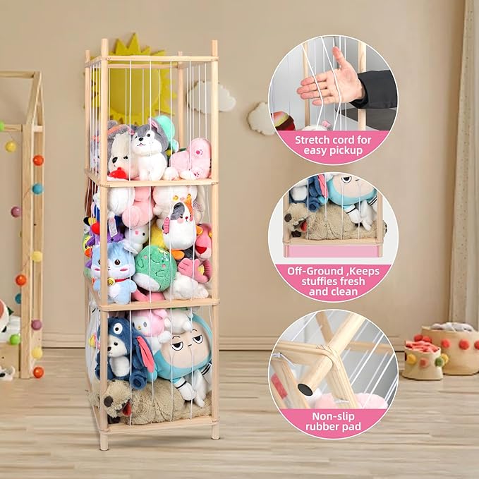 Wooden Stuffed Animal Storage Zoo Stuffed Animal Holder,Space Save Vertical Stuffed Animals Organizer with Elastic for Bedroom Playroom Nursery (59'' H (3-Shelf))