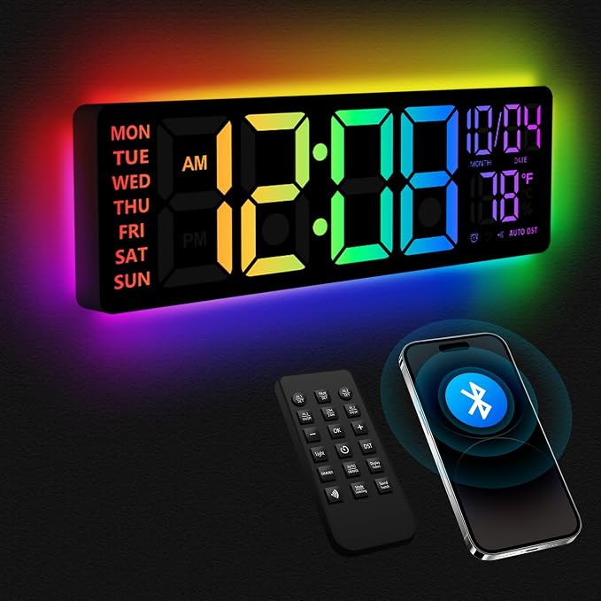 YISILE 16 Inch RGB LED Digital Wall Clock - 8 Color Display, 6 Night Light Modes, Bluetooth Auto Time Sync, Sound Wake-Up, Dual Alarm, Auto DST, Remote Dimmer for Bedroom, Living Room & Gaming Room