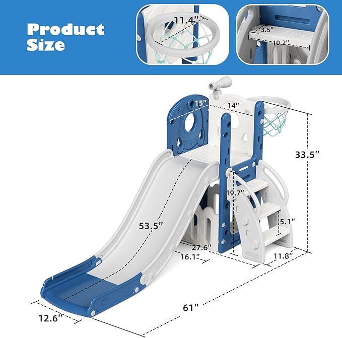 Glaf Toddler Slide 6 in 1 Outdoor Playset Indoor Playground for Kids Toddlers Age 1-3 Baby Slide with Basketball Hoop and Ball Storage Space and Telescope Freestanding Climber Slides Toys (Blue)