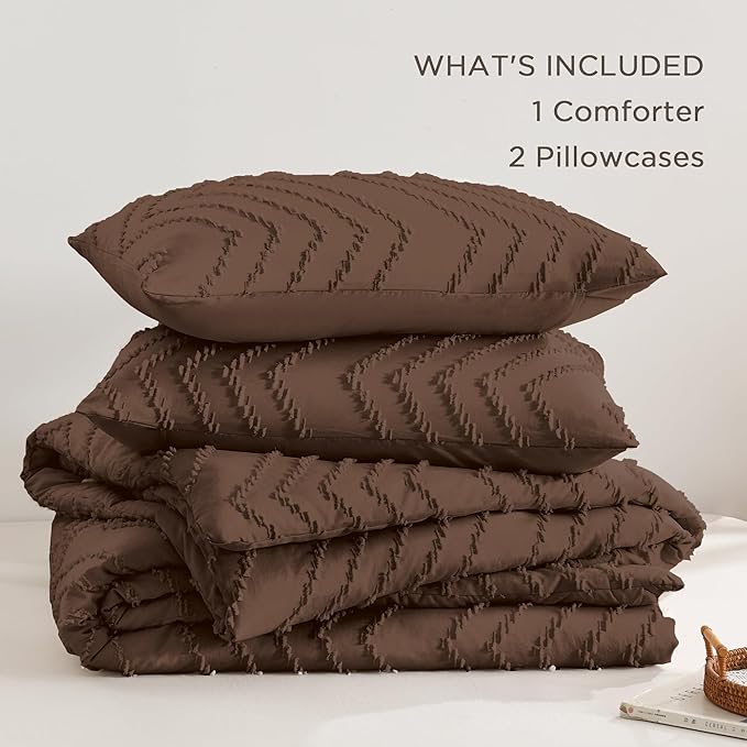 Andency Brown Comforter Set Queen Size, Boho Soft Warm Tufted Bedding Comforter Sets for Queen Size Bed, 3 Pieces Aesthetic Chevron Farmhouse Cute Bohemian Textured Bed Set