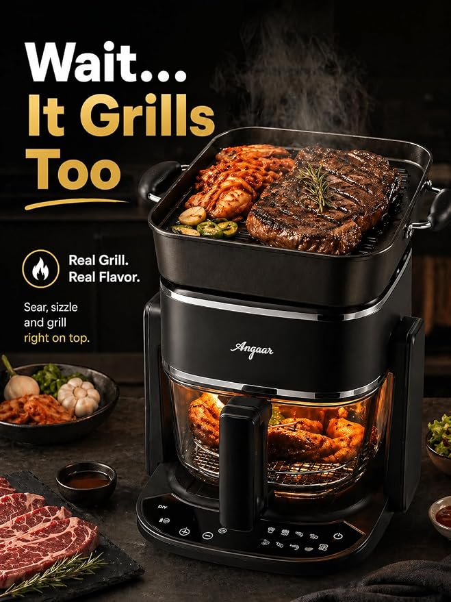 Angaar Korean BBQ Hotpot & Electric Grill, 3-in-1 Tabletop Cooker – 1400W 4.5L Glass Basket, Shabu Shabu, Air Fry & Contact Grill, Ceramic Non-Stick, 60-Min Timer