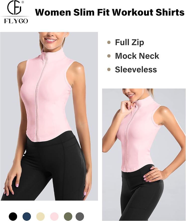 Flygo Women's Full Zip Sleeveless Workout Yoga Active Jacket Vest Golf Shirts