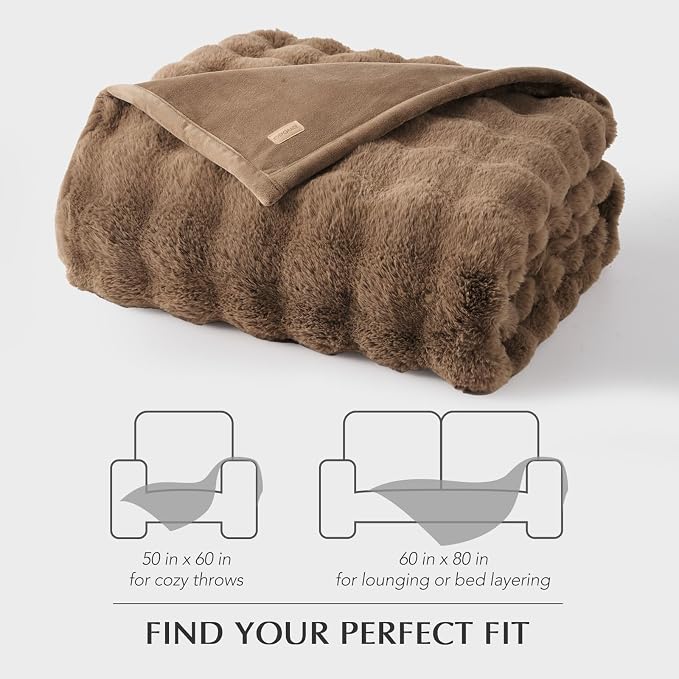 Faux Rabbit Fur Bubble Throw Blanket, 50"x60", Natural Tan | Ultra Soft, Luxury Faux Rabbit Fur Throw, Thick Warm Bubble Blanket, Cozy Fluffy Reversible, for Bed, Couch, Chair, Sofa