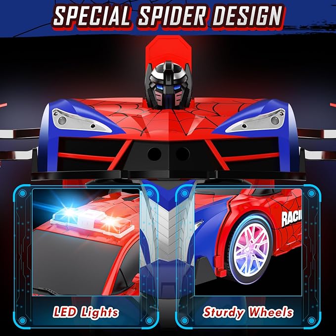 Remote Control Car for Boys 8-12 4-7, 2.4GHz RC Car 1:18 Scale, One-Button Transforming Toy with 360° Spins, LED Lights