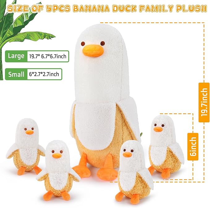 Auspicious Beginning 5-Piece Banana Duck Plush Family - Cute 20'' Mommy Duck with 4 Baby Duck Plushies - Kawaii Plush Toys for Kids' Birthdays