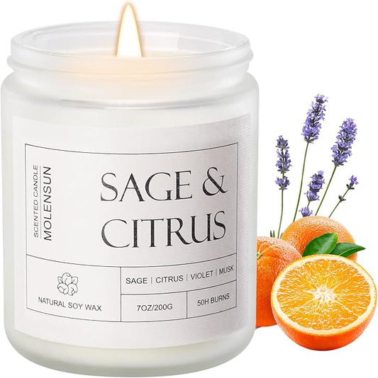 Molensun Sage & Citrus Scented Candles, Aromatherapy Jar Candle, 7 oz Long Lasting Candles, Soy Wax Candle Gift for Women