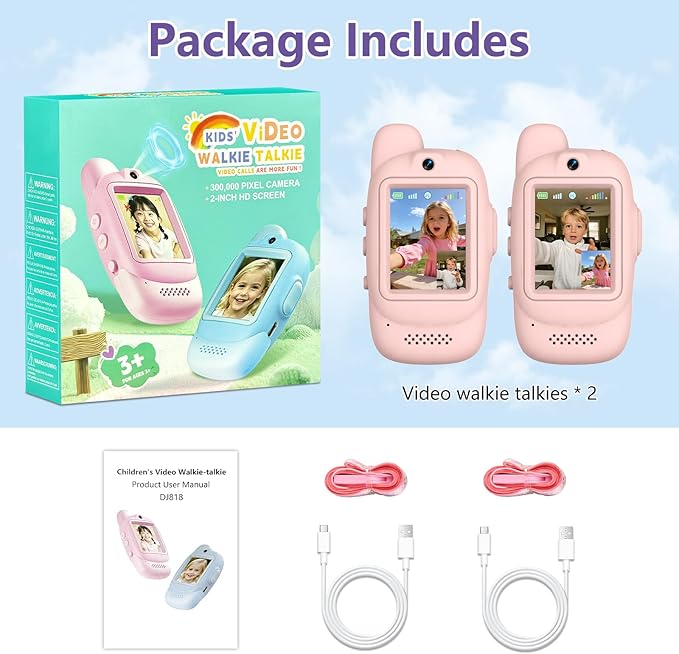 Video Walkie Talkies for Kids, 2 Pack Rechargeable Video Walkie Talkies, HD Camera, Voice Changer, for Family Fun, Camping and Travel, Ages 3-12, Pink and Pink