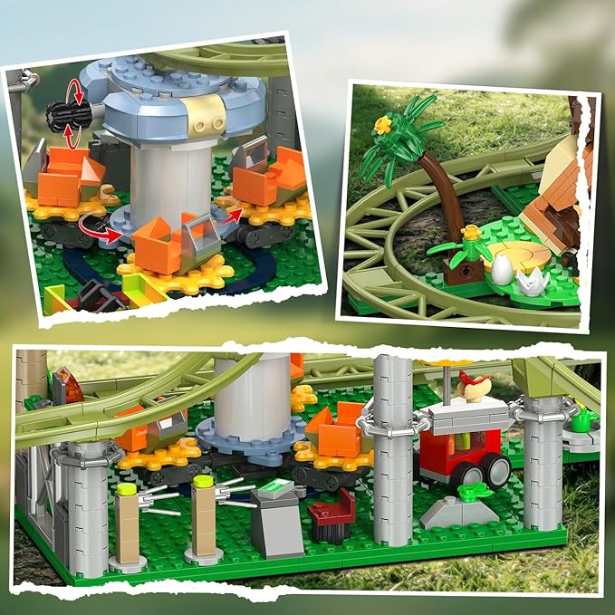 HOGOKIDS Dinosaur Roller Coaster Building Set - 1222PCS Rollercoaster Building Toy with 4 Dinosaur, Off-Road Vehicle, Food Cart, Dinosaur Models Playset Gift for Adults Kids Girls Boys Ages 8-12 Year