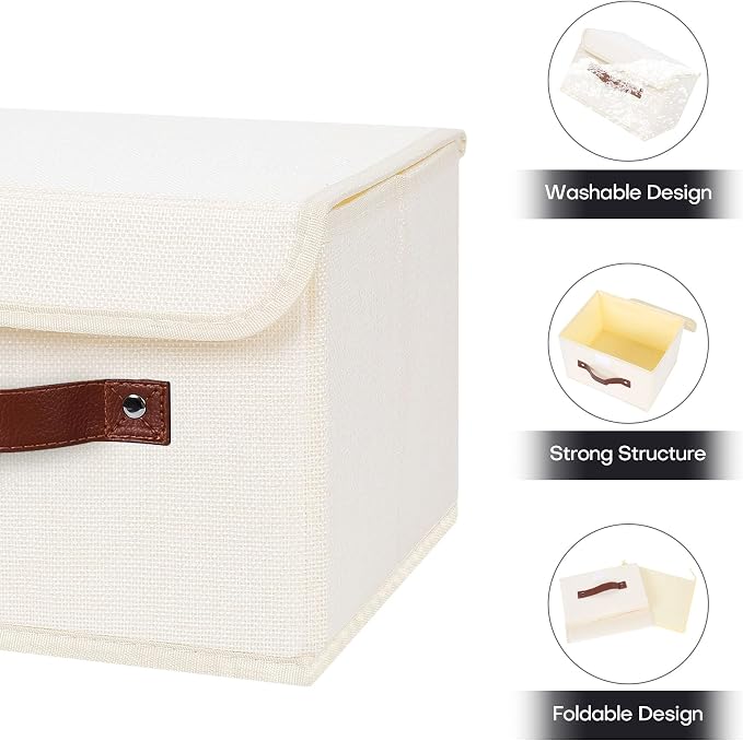 ANMINY Fabric Storage Box Bins with Lids, Beige, 10"x8"x7", 2 Pack | Keepsake Memory Storage, Cotton Linen, PP Board Reinforced, Washable, PU Handles, Foldable & Stackable, Decorative, Small