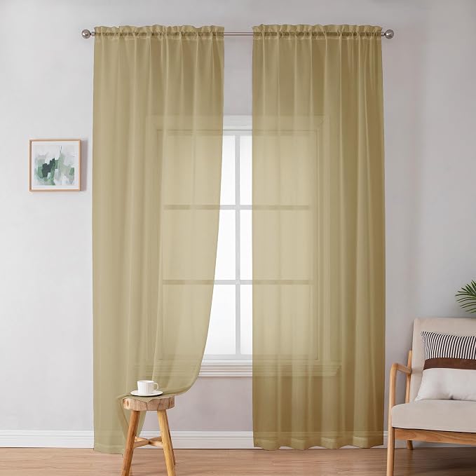 OWENIE Gold Sheer Curtains 84 Inch Length 2 Panels Set, Light Filtering Voile Fimly Sheer Drapes for Living Room/Bedroom, 2pcs, Gold Solid Rod Pocket Sheer Curtains, Each 42" W x 84" L
