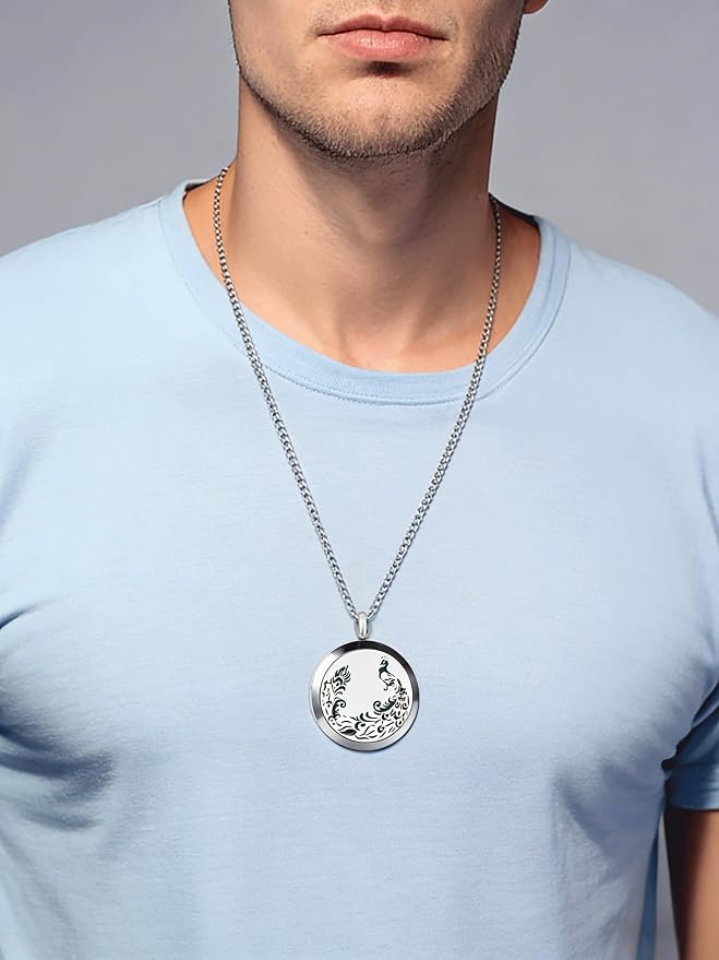 Aromatherapy Essential Oil Diffuser Necklace - Stainless Steel Locket Peacock Pendant with 24" Chain 8 Colors Pads for Mother Christmas Birthday Father's Day Women Men