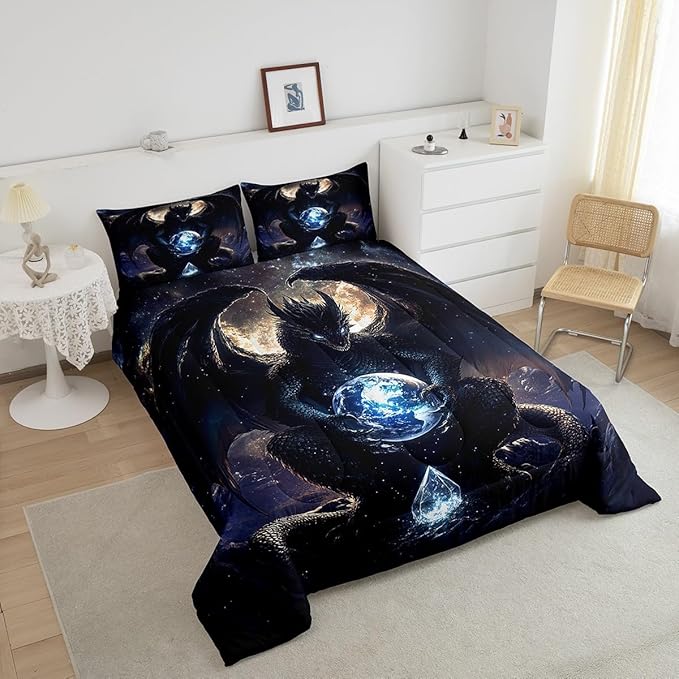 Feelyou Dragon Comforter Set Twin Size Dragon Stuff Comforter for Boys Girls Teens Wild Life Bedding Set Dragon Decor Duvet Set Room Decor Black Quilt Set
