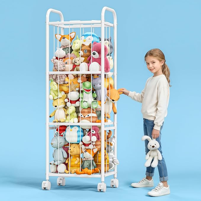 Stuffed Animal Storage Metal Tube Extra Large Toy Storage Organizer with Brake Wheels, Stuffed Animal Holder Zoo Organizer for Nursery Playroom Kids Room White(53.5” x 18.1”x 13”)