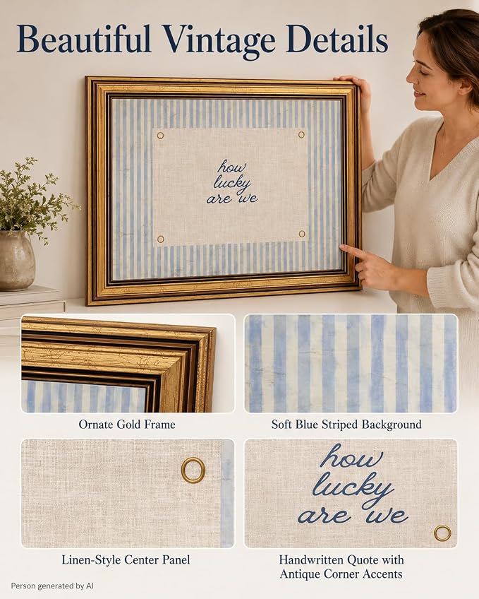 Vintage Gold Framed Wall Art, How Lucky Are We Quote Canvas, 12x16IN | Blue striped inspirational print with a rustic farmhouse look for bedrooms, living rooms, nurseries, dorms, or entryways.