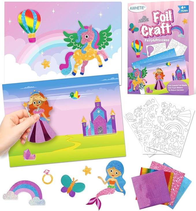 AWHETIE Princess Foil Craft for Kids,No Mess Creative Activity Toys Art and Crafts for Kids,Birthday Gifts Crafts for Girls&Boys Ages 4, 5, 6, 7, 8, 9 (Princess)