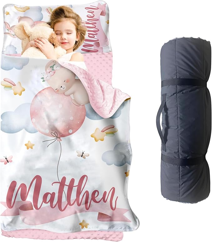 Personalized Toddler Nap Mat for Girls – Custom Name Kids Nap Mat – Daycare Sleeping Mats with Removable Pillow and Soft Minky Dot Blanket for Preschool, Travel, Kindergarten