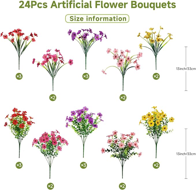 Alupssuc 24 Bundles Artificial Daisy Flowers UV Resistant for Outdoor Decor | Silk & Plastic, Spring Faux Plants Greenery, Bendable Stems, for Porch Patio Hanging Window Planter Yard Outside, 5 Colors