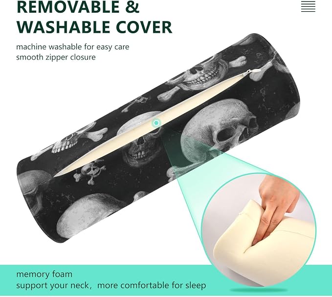 Pirate Horror Skulls Neck Roll Pillow Bolster Round Health Memory Foam Long Cervical Cylinder Pillows with Removable Washable Cover for Body Bed Legs Back Yoga