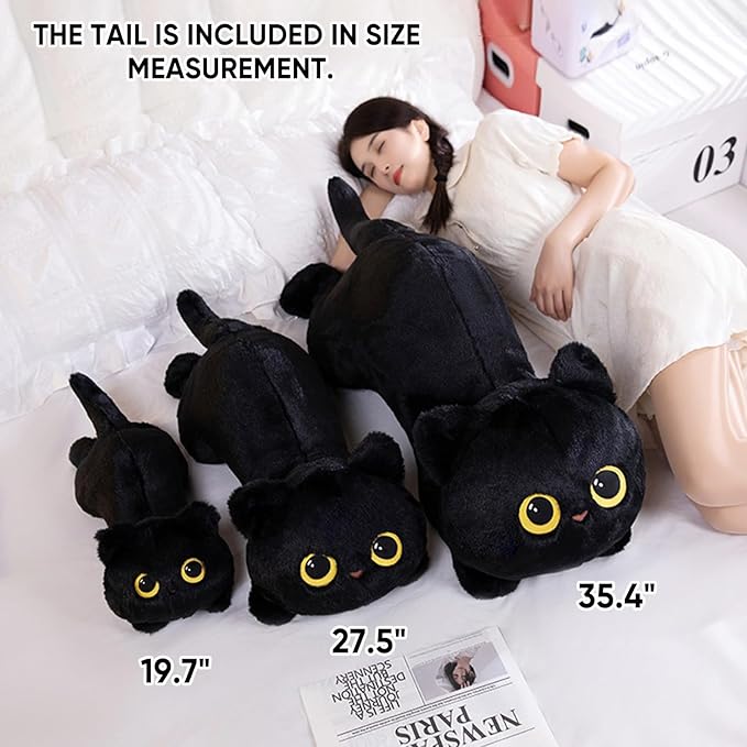 PEACH CAT 35.4" Long Cat Plush Pillow Cute Kitten Stuffed Animals Plushies Toy Gifts for Kids Black