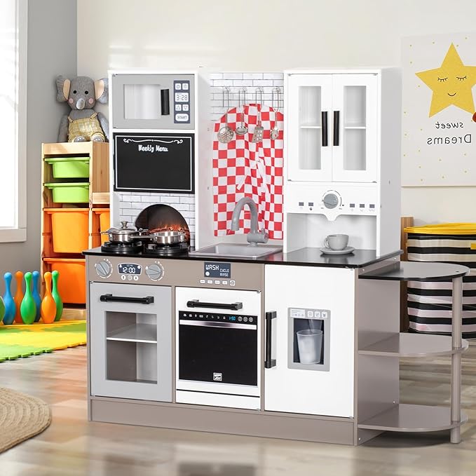 BRINJOY Play Kitchen Set for Kids, Wooden Toddler Kitchen Playset w/Curtains, Coffee Maker, Stove,Sink, Utensils, Light & Sound, Kids Pretend Play Kitchen Toy Set Gift for Girls Boys