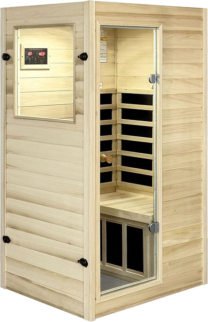 Far Infrared Sauna European Aspen Wood 1 Person Infrared Sauna for Home 905W Low EMF Mini Indoor Sauna with Bluetooth Speakers, Left Door