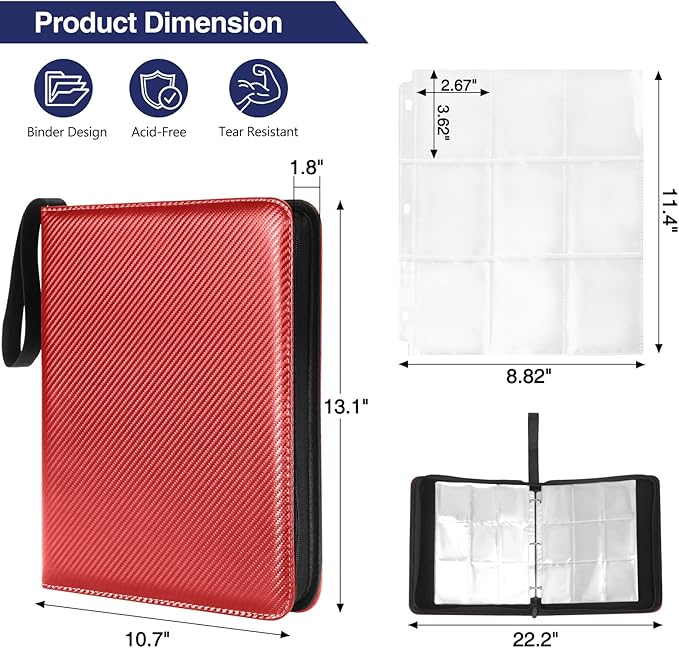 MAXECHO 9 Pocket Trading Card Binder, 1008 Pockets in 56 Removable Double-Sided Sleeves, PU Zip Card Collection Storage Organizer Album for Baseball, MTG, TCG, Sports. Red