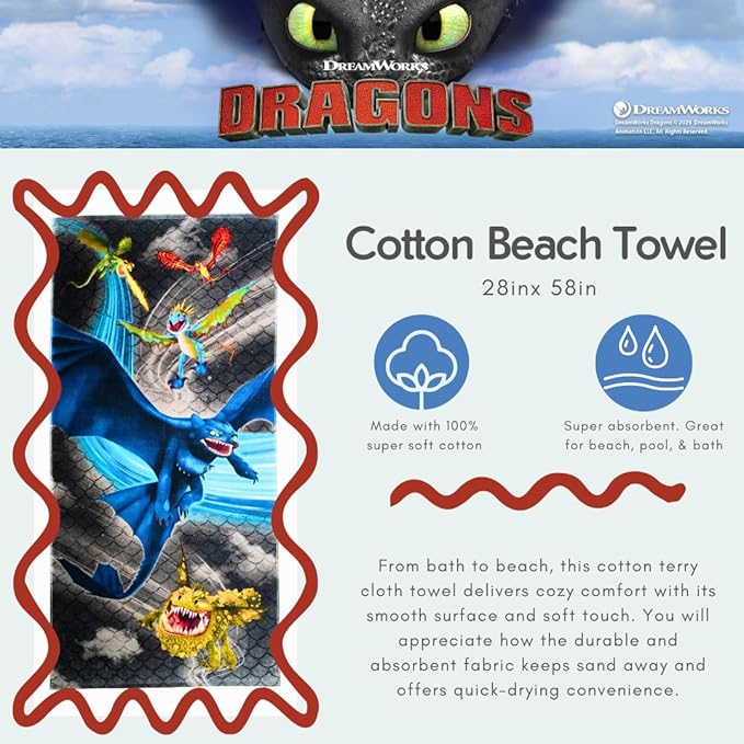How to Train Your Dragon Toothless Kids Super Soft Cotton Bath/Pool/Beach Towel, 58 in x 28 in, (Offically Licensed Product) by Franco