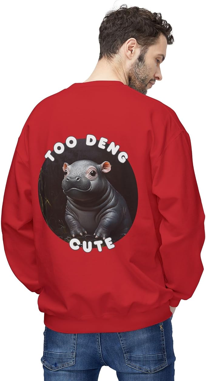 Unisex Fleece Crewneck Sweatshirt - Too Deng Cute Moo Deng Hippo, Cozy Cotton Blend, Classic Relaxed Fit