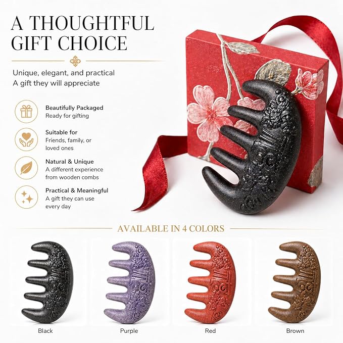Herbal Powder Comb – Botanical Infused Scalp Massager Comb, Natural Head Massage Tool for Hair & Scalp Care, Wooden Comb Alternative, Acupressure-Inspired Design (Black)