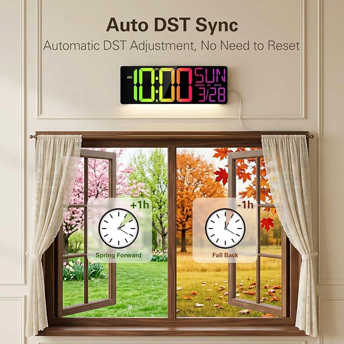JALL 17.98" Large Digital Wall Clock with RGB Lights & Remote, Digital Clock with Bluetooth Sync & DST, Wall Clock with Temperature & Seconds Display, Clocks for Living Room, Seniors