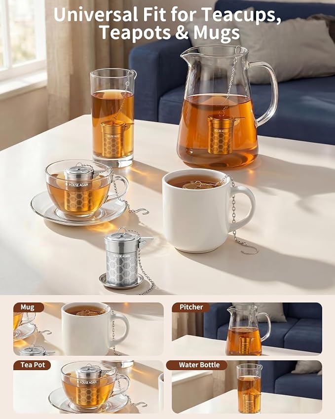 House Again Tea Infuser, 304 Stainless Steel Extra Fine Mesh Tea Strainer for Loose Tea, Upgraded Press-to-Open Lid, Loose Leaf Tea Steeper for Spices & Seasonings