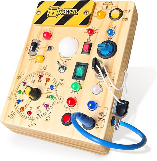 Busy Board, Montessori Toy for 1-3 Years Old, Wooden Toddler Sensory Travel Toy, Ideal Gift for 1+ Year Old Boys (Busy Board Plus V2), Medium, Yellow