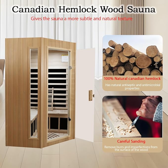 LTCCDSS 2-3 Person Infrared Sauna, Far Infrared Saunas for Home Low EMF Indoor Home Sauna Spa with Tempered Glass Door, Hemlock Wooden Corner Sauna Room,1670W/120V, Bluetooth Speaker, 2 Reading Lamps