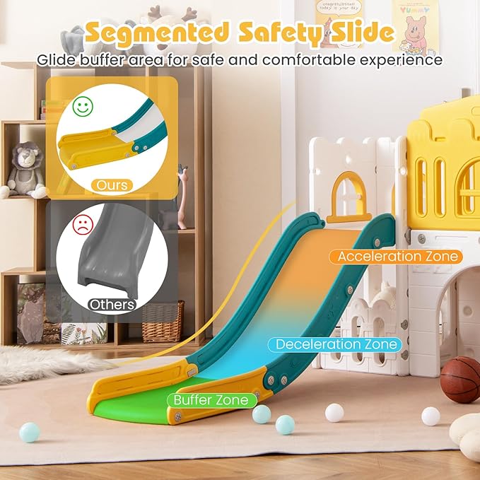Costzon 8 in 1 Toddle Slide Playset, Freestanding Kids Slide w/Tunnel, Basketball Hoop, Toddler Climber Slide Playset Indoor Playground for Kids 1-3 w/Storage Space, Gifts for Boys Girls (Yellow)