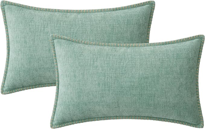 MIULEE Decorative Lumbar Throw Pillow Covers 12x20 Inch Aqua Green 2 Pack | Farmhouse Pillow Covers with Stitched Edge, Soft Chenille Cushion Cases, for Couch Sofa Bed Living Room Home Decor