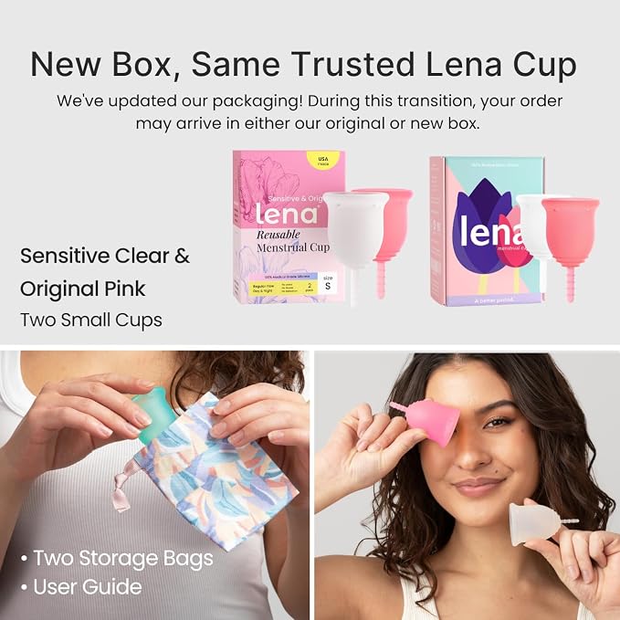 Lena Sensitive Menstrual Cups 2-Pack Ultra-Soft Set (Small & Large) Medical-Grade Silicone Period Cup for Women Heavy Flow, Reusable and Comfortable 12-Hour Leak-Free Protection (Original & Sensitive)