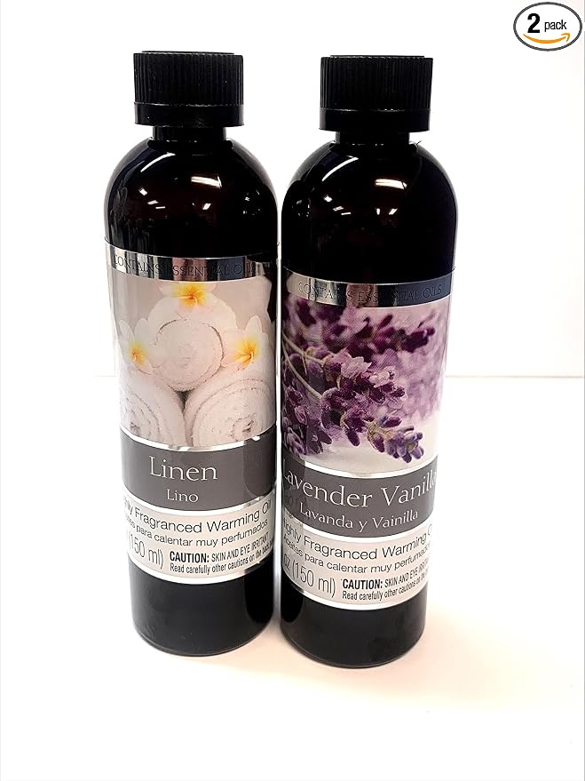 Hosley Set of 2 Assorted Fragrance Warming Oils 5oz Each-Lavender Vanilla & Linen. Ideal for Spa Meditation Bathroom Wellness Gift