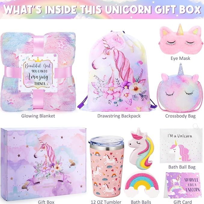 Unicorn Gifts for Girls 4-6 6-8, Birthday Easter Gifts Set for Girls Age 4 5 6 7 8 9+ Year Old Tween Teen Girl Trendy Stuff Kids Unicorn Toys with Glow in The Dark Blanket Purse for Daughter Niece