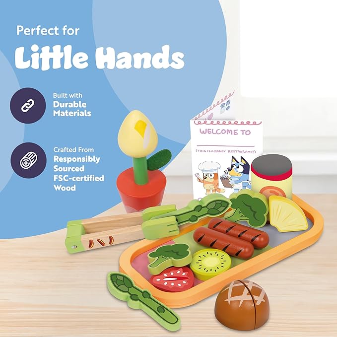 Bluey - Dine in with Bluey Set, 32-Piece Wooden Toy Set with Magic Asparagus, Plates, Utensils & More, Perfect for Role-Play & Imaginative Fun, FSC-Certified, Suitable for 3 Years & Up