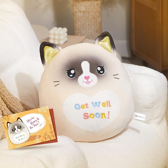 13.5" Get Well Soon Cat Plush Pillow Soft Cute Ragdoll Cat Stuffed Animal Get Well Soon Kitten Gift for Women Girls Kids Patient Feel Better Plush Toy
