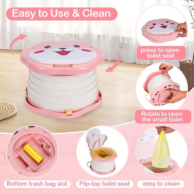 SunnySmile Portable Potty for Kids, Portable Toddler Toilet Cute Puppy Design with 45 Disposable Bags, Foldable Toddler Travel Potty for Camping, Road Trips, Car Toilet for Kids